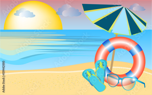 sandy beach,  sandals, umbrella, sunglasses
