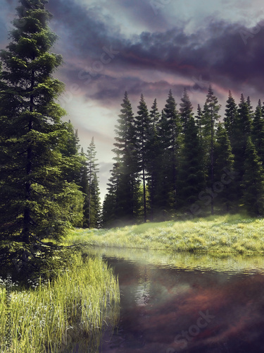 Fototapeta Kolorowy krajobraz z rzeką płynącą przez las