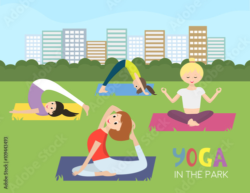 Women doing yoga in the park. Vector illustration