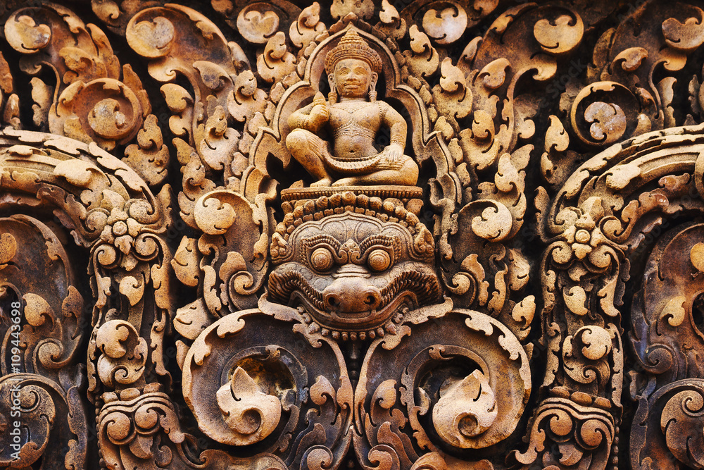 Carvings at Banteay Srei temple, Angkor, Siem Reap, Cambodia.