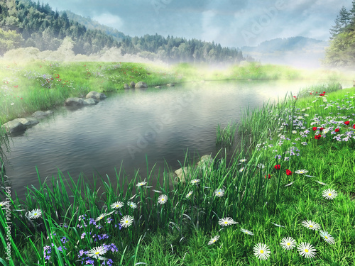 Fototapeta Jezioro i wiosenna łąka w górach