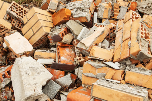 broken bricks. debris, construction garbage, rubbish dump.Close up