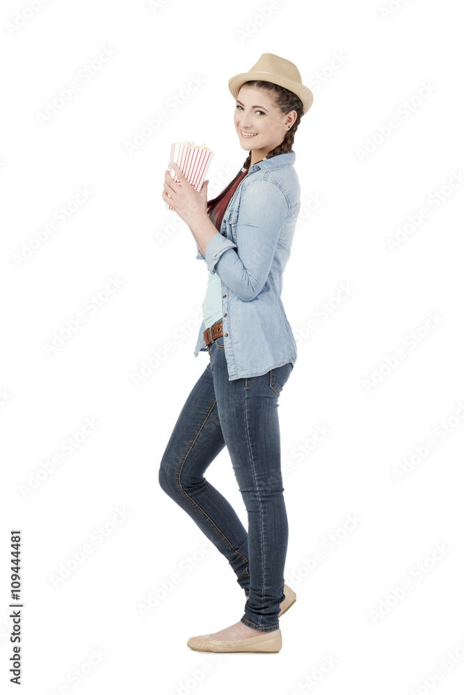 beautiful lady holding bucket of popcorn beautiful lady holding bucket of popcorn