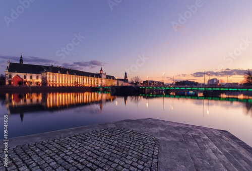 University bridge and Wroclaw university, in the evening. Poland