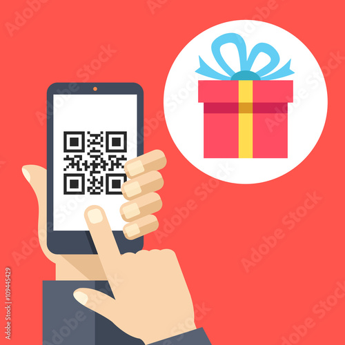 Hand holding smartphone with QR code on screen and gift. Scan QR code and get a gift or discount concept. Flat design vector illustration