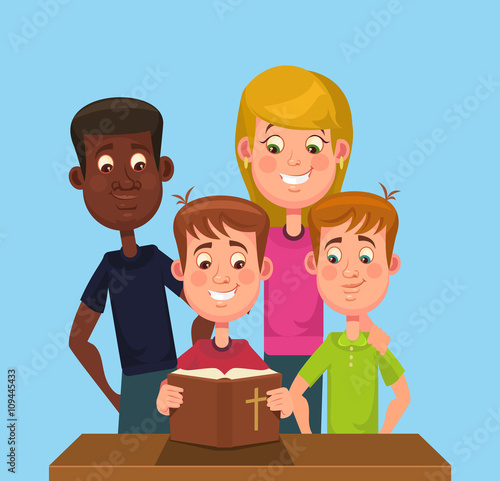 Canvas Print Children read the Bible. Vector flat cartoon illustration