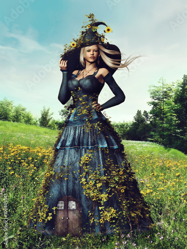 Fototapeta Pani wiosna w długiej sukni i kapeluszu na kwitnącej łące 