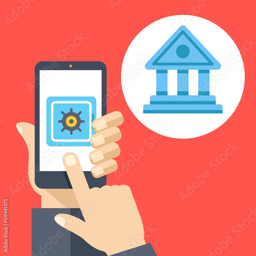 Wallpaper Mural Hand holding smartphone with safe on screen and bank icon. Deposit, mobile banking, online money management. Flat vector illustration Torontodigital.ca