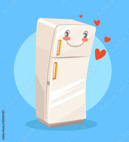 Cute cartoon happy fridge. Vector flat illustration