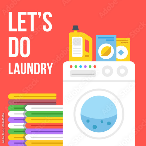 Laundry flat illustration. Washing machine, clothes, laundry detergent, wash powder, fabric softener icons set. Vector illustration