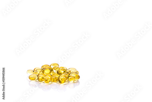 Fish oil capsule, Omega 3-6-9 fish oil yellow soft gels capsules on white background