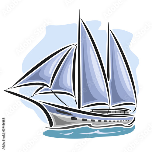 Vector logo sailing yacht, sailboat, sailer, gaff tender, gaff yawl, bermuda ketch, sloop, ship, sailing, boat, floating blue sea, ocean, waves. Cartoon sailing boat, sea regatta, yachting sport photo