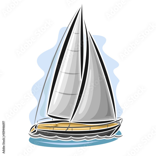 Vector logo sailing yacht, sailboat, sailer, gaff tender, gaff yawl, bermuda ketch, sloop, ship, sailing, boat, floating blue sea, ocean, waves. Cartoon sailing boat, sea regatta, yachting sport