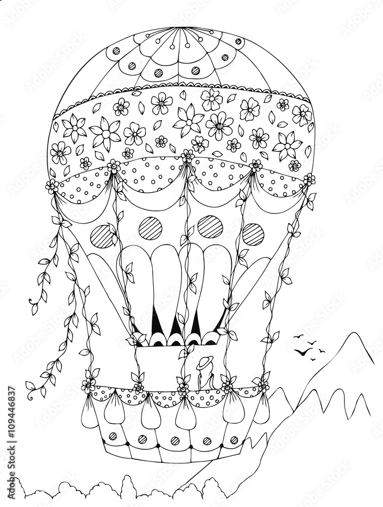 Heart shaped zentangle hot air balloon, vector design for Valentine Day
