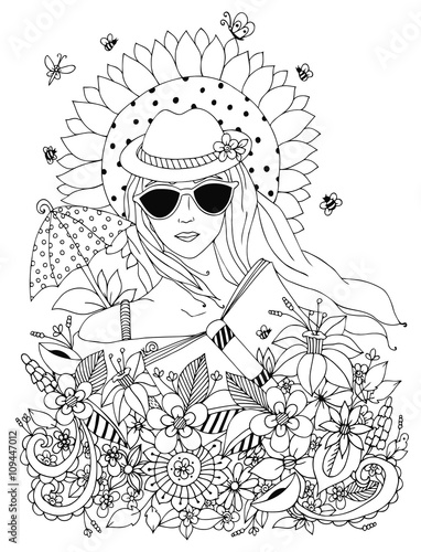 Vector illustration zentangl, doodle portrait of a woman, a girl in a floral hat box. Summer, sunglasses, umbrella, sun, sunflower. Coloring book anti stress for adults. Black and white.