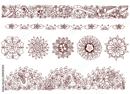 Vector illustration zentangl drawing of  ornament  doodle frame  flowers. Spring  summer  flowering  ornamental patterns. Coloring book anti stress for adults. Brown and white.