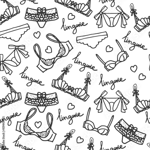 Lingerie seamless pattern. Vector underwear background design. Outline hand drawn illustration. Bras and panties doodle. 