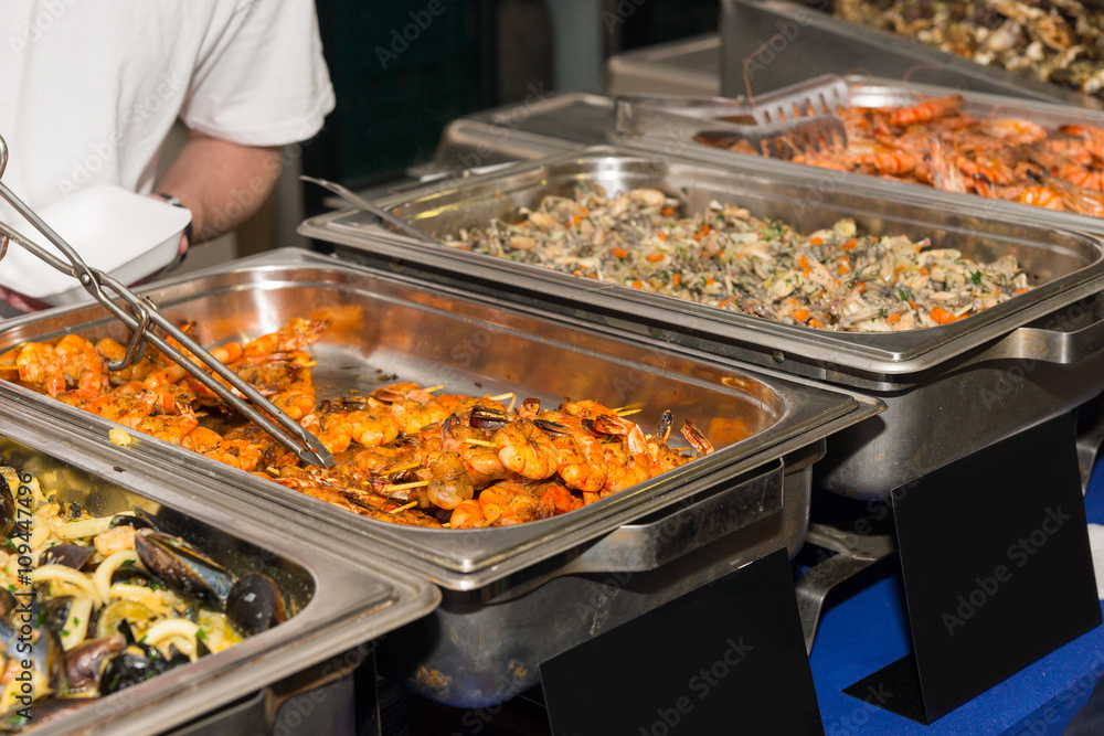 Steamer Tray of Grilled Shrimp Skewers in Buffet
