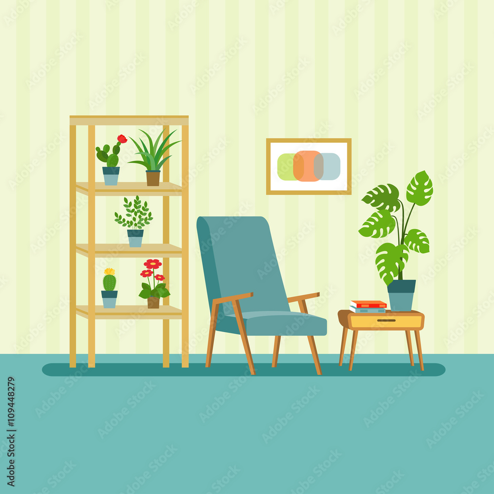 Fototapeta premium flat retro interior living room with bookcase,chair, and houseplant.vector illustration