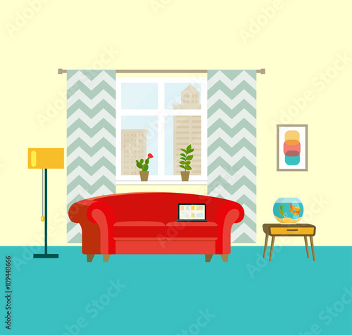 flat retro interior living room with red sofa, window, aquarium with goldfish and houseplant. Urban landscape vector illustration
