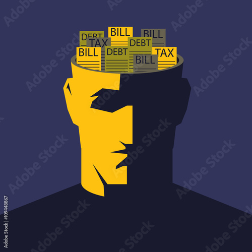 Male open head with bunch of bills inside. Financial problems concept vector illustration. 