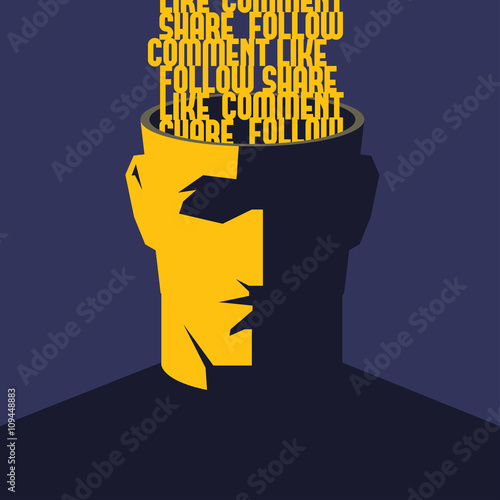 Social media addicted. Male open head with words Like, Comment, Share, Follow inside. Social media influence concept vector illustration.