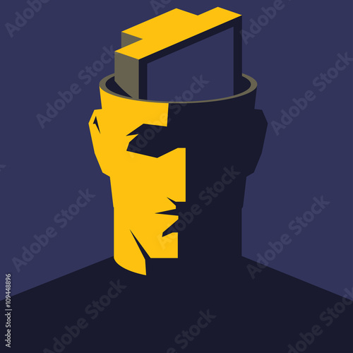 TV addicted. Male open head with TV set inside. Mass media influence concept vector illustration.