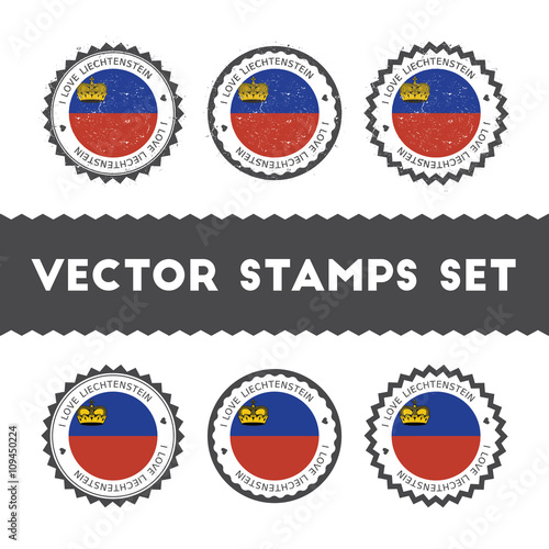 I Love Liechtenstein vector stamps set. Retro patriotic country flag badges. National flags vintage round signs.