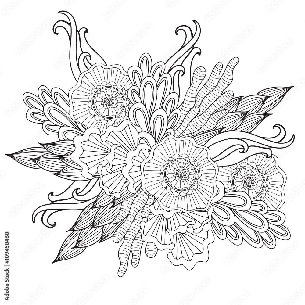 Fototapeta Hand drawn artistic ethnic ornamental patterned floral frame in doodle style,adult coloring pages.