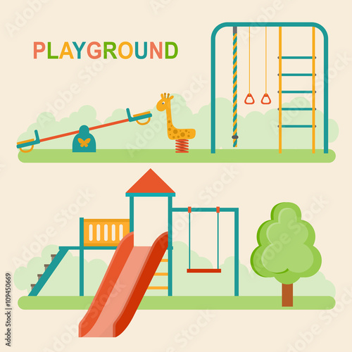 Kids playground.Kindergarten playground with swings, slide, rope, toy giraffe. Vector flat illustration.