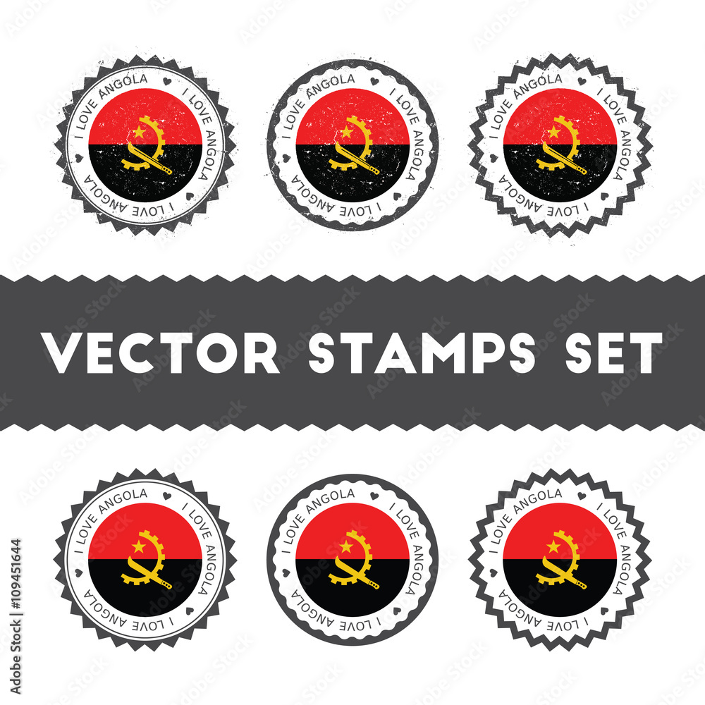 Naklejka premium I Love Angola vector stamps set. Retro patriotic country flag badges. National flags vintage round signs.