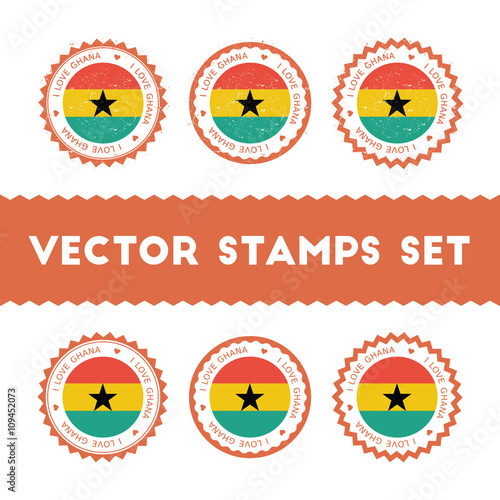 I Love Ghana vector stamps set. Retro patriotic country flag badges. National flags vintage round signs.