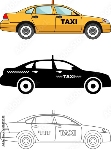 Different kind taxi cars isolated on white background in flat style: colored, black silhouette and contour. Vector illustration.