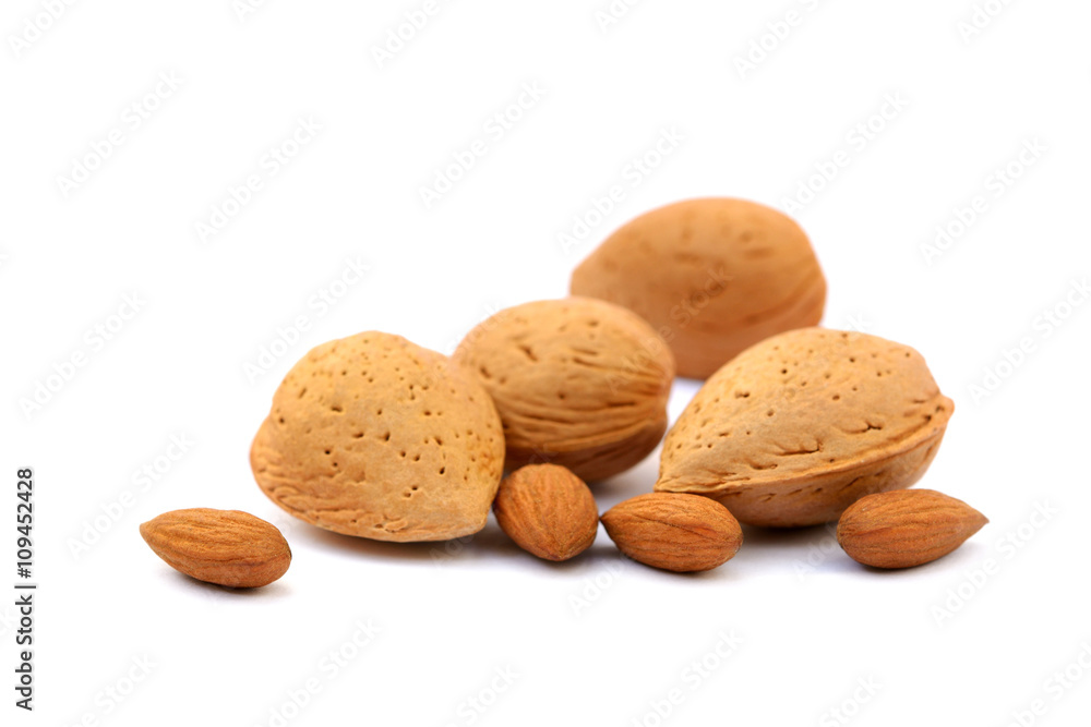 Fresh almonds in shells isolated on white background Fresh almonds in shells isolated on white background