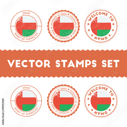 Omani flag rubber stamps set. National flags grunge stamps. Country round badges collection.