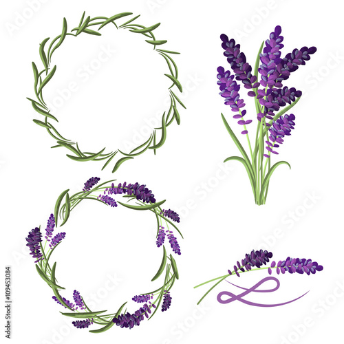 Provence lavender flower bouquet set. Violet lavender wreaths and laurels. L letter badge sign.