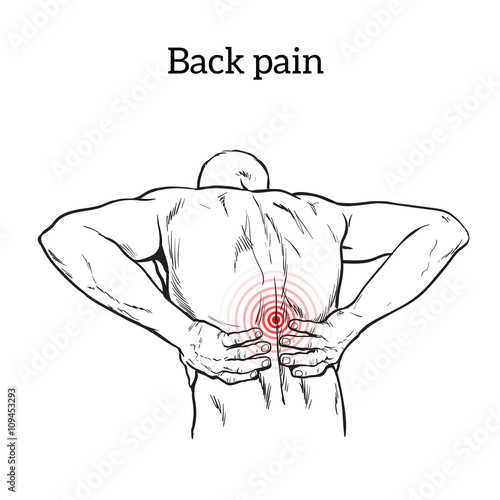 Lumbar pain in a man back pain in a human vector outline sketch, black and white illustration with concept of disease back, violation of waist, lumbar vertebrae and intervertebral discs