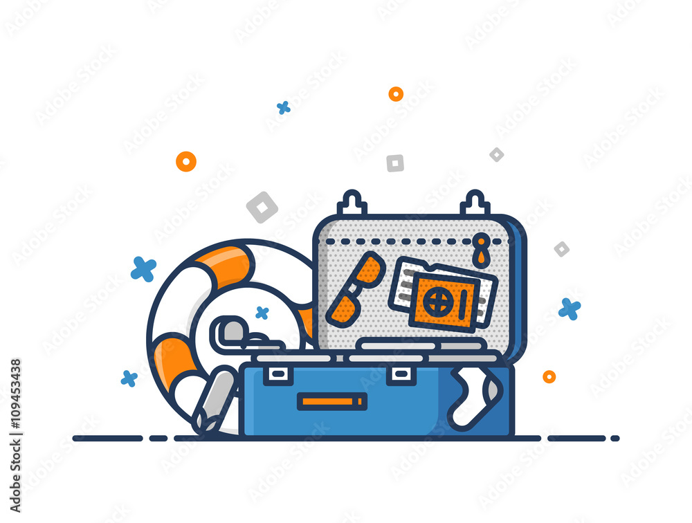Time to travel concept. Suitcase with clothes, passport, tickets, glasses, slippers and lifebuoy. Tourist luggage. Preparation for the journey. Flat outline vector icon illustration.