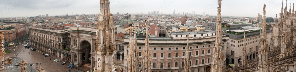 Very large panoramic view from  Duomo Cathedral. Milan, Italy