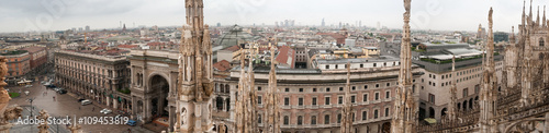 Very large panoramic view from Duomo Cathedral. Milan, Italy