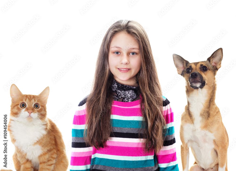 smiling girl and a dog and a cat smiling girl and a dog and a cat