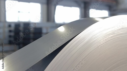 metal tape is moving on rolling machine close-up