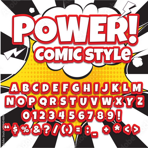 Comic alphabet set. Light color version. Letters, numbers and figures for kids' illustrations, websites, comics, banners