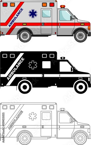 Different kind ambulance cars isolated on white background in flat style: colored, black silhouette and contour. Vector illustration.