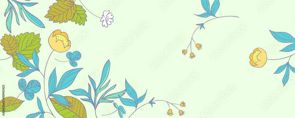 Summer forest. vector background with hand drawn buttercup flowers and sprigs of wild strawberries