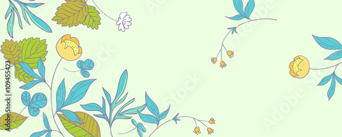 Summer forest. vector background with hand drawn buttercup flowers and sprigs of wild strawberries