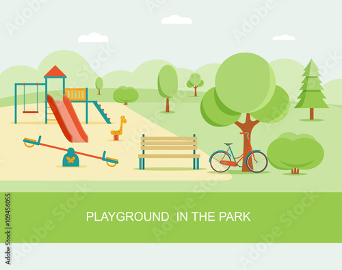 Flat style playground in park. Children's playground with swings, slide, bench. Trees and shrubs. Vector illustration.