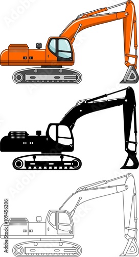 Different kind excavators isolated on white background in flat style: colored, black silhouette and contour. Vector illustration.