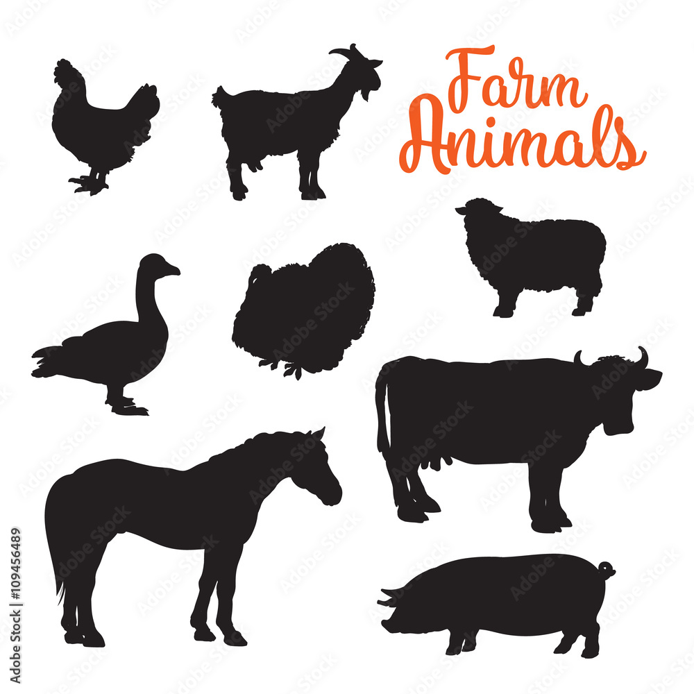 Black contours drenched farm animals, goose cow horse pig and goat kurischtsa turkey, vector animals isolated on white background set of different animals bird cattle, black logos and icons