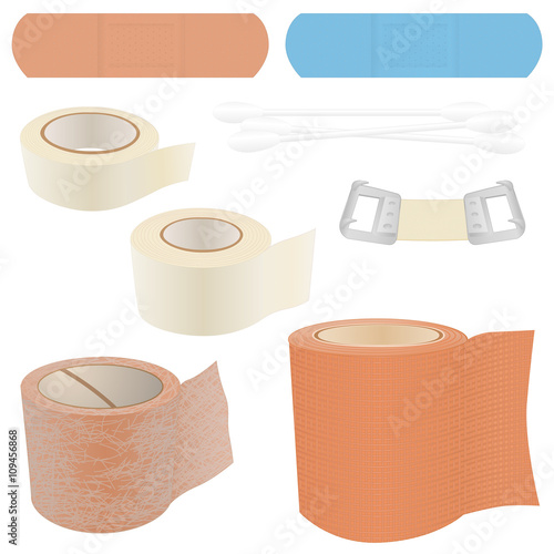 A collection of 8 vector illustrations of bandage items, commonly found in First Aid Kits, including Bandages, Plasters, Cotton Swabs, Medical Gauze and a Bandage Clip. 